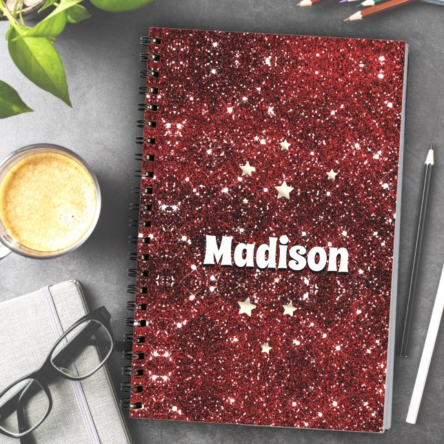 Chic whimsical red black Glitzer monogram Notizbuch (Von Creator hochgeladen)