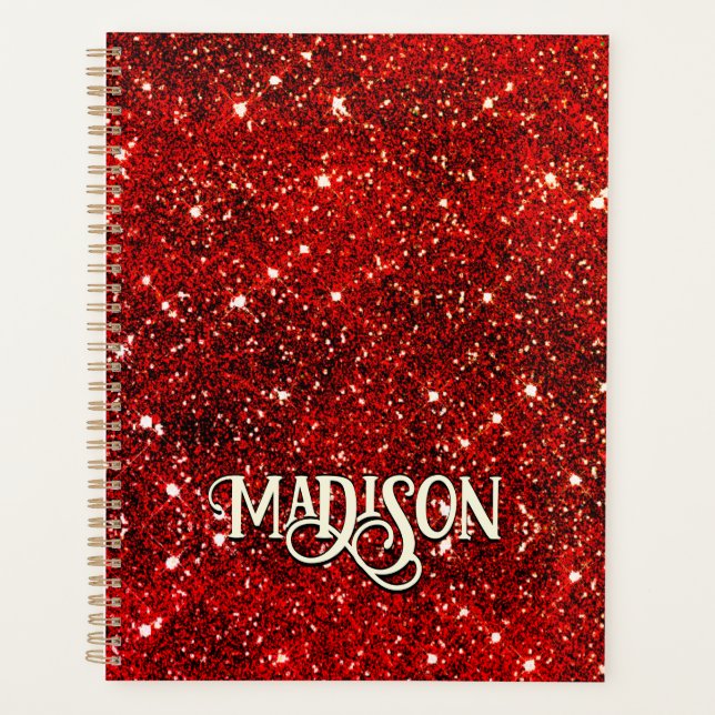 Chic whimsical red black Glitzer monogram Planer (Vorderseite)