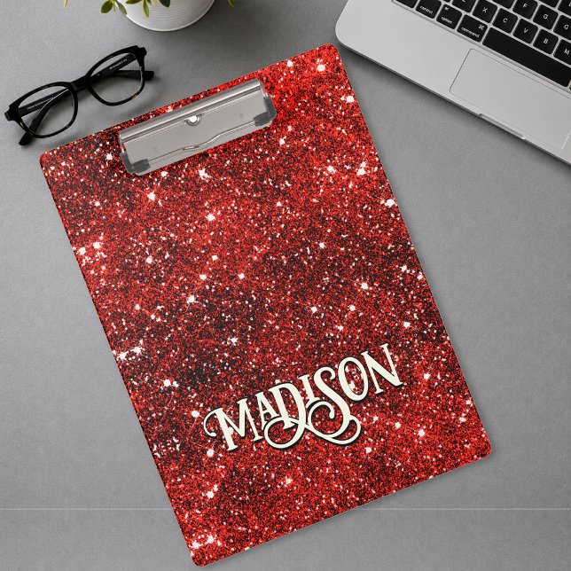 Chic whimsical rotes schwarzes Glitter Monogramm  Klemmbrett (Von Creator hochgeladen)