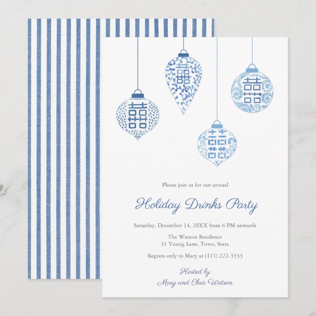 Chic White and Blue Holiday Ornaments Drinks Party Einladung (Vorne/Hinten)