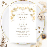 Chic White and Gold Bezaubernde Hochzeit Einladung<br><div class="desc">Freuen Sie sich auf diese elegante helle und goldene Hochzeitseinladung mit hübschen handgezeichneten Imitaten, goldgelben goldenen goldgelben botanischen Garnelen und zarten kleinen Sternen. Text in goldenen Farbtönen. Möglichkeit, alle Textabschnitte zu ändern und an Ihre Bedürfnisse anzupassen. Einfach zu füllen Vorlage. Das schlichte, elegante und raffinierte Design ist perfekt für einen...</div>