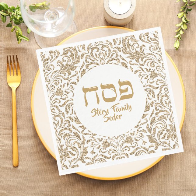 Chic White and Gold Glitzer Custom Passover Serviette (Von Creator hochgeladen)