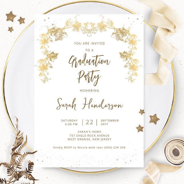 Chic White and Gold Starry Night Graduation Party Einladung (Von Creator hochgeladen)