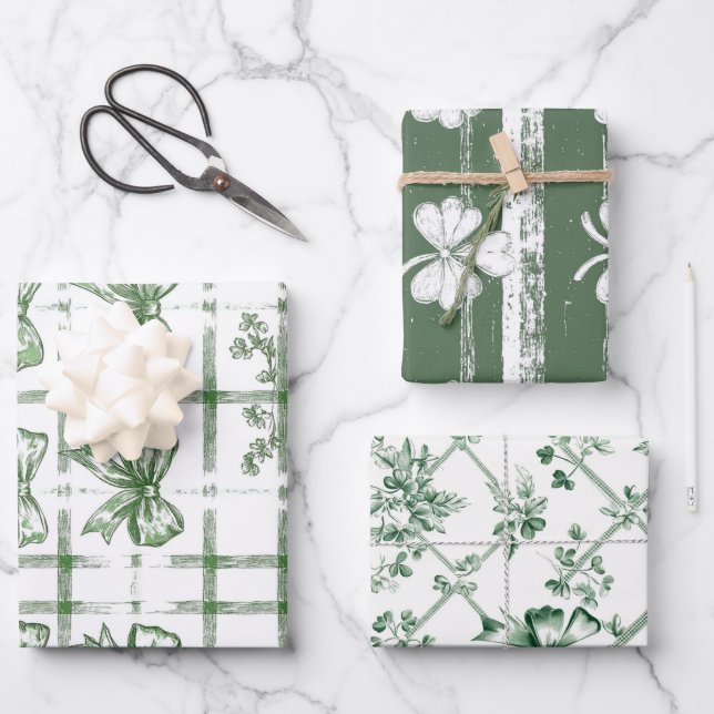 Chic White and Sage St. Patrick's Bow Set von 3 Geschenkpapier Set (Vorderseite)