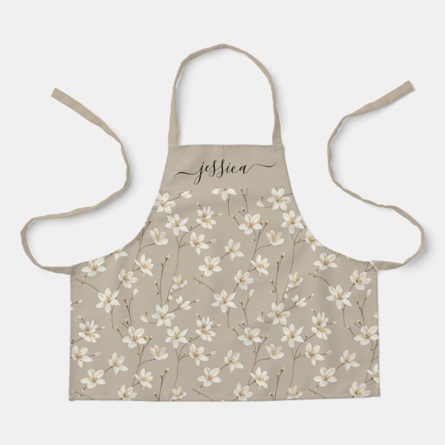 Chic white beige floral script name Schürze (Vorderseite)