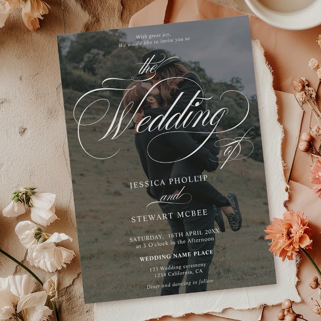 Chic white black 2 Fotos kalligraphische Hochzeit Einladung (Chic white black 2 photos calligraphy wedding invitation)