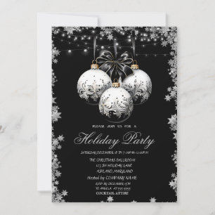 Chic White Black Christmas Balls Stars Holiday Einladung