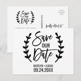 Chic White Black Olive Branches Rettete unser Datu Ankündigungspostkarte