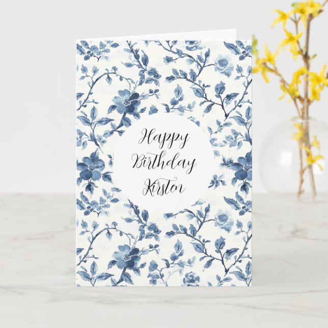 Chic White Blue Floral Birthday Karte (Gelbe Blume)