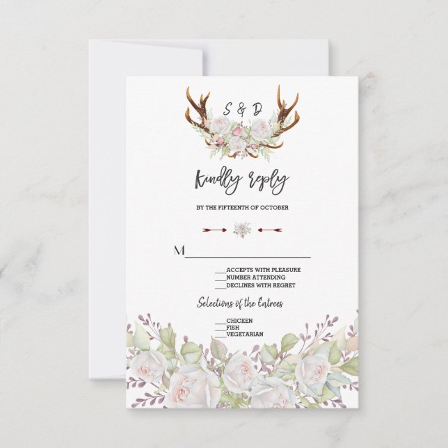 Chic White Blume Antlers Handwriting UAWG RSVP Karte (Vorderseite)