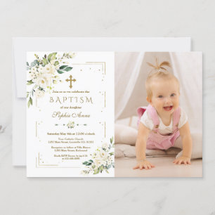 Chic White Blume Gold Girl Foto Taufe Einladung