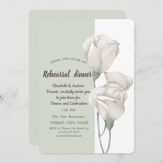 Chic White Blume Rose Probe Abendessen Einladung (Vorne/Hinten)