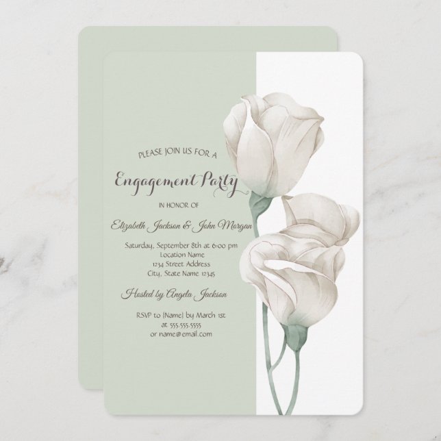 Chic White Blume Rose Verlobung Einladung (Vorne/Hinten)