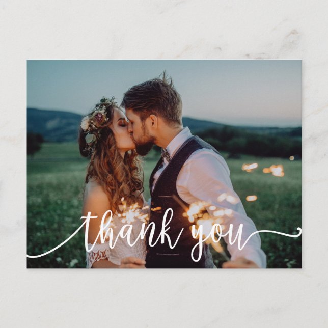 Chic White Calligraphy Foto Wedding Vielen Dank Postkarte (Vorderseite)