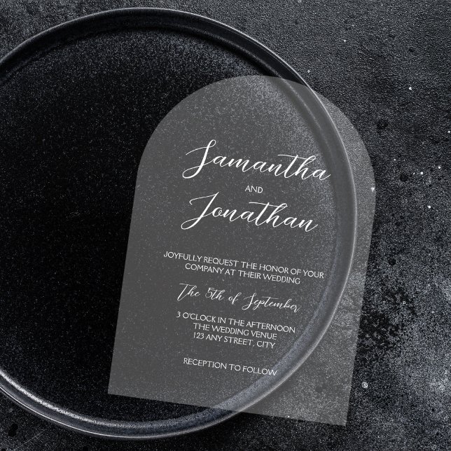 Chic White Calligraphy Script Arch Wedding Acryleinladungen (Chic White Calligraphy Script Arch Wedding Acrylic Invitations)