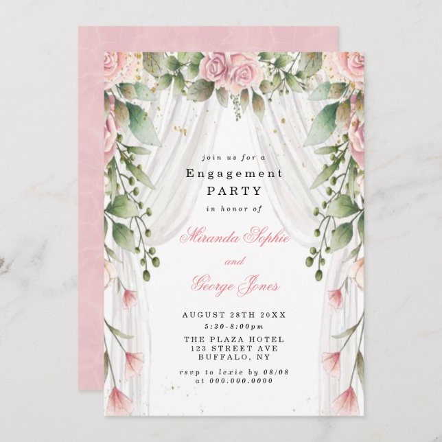 Chic White Canopy Pink Floral Engagement Party Einladung (Vorne/Hinten)