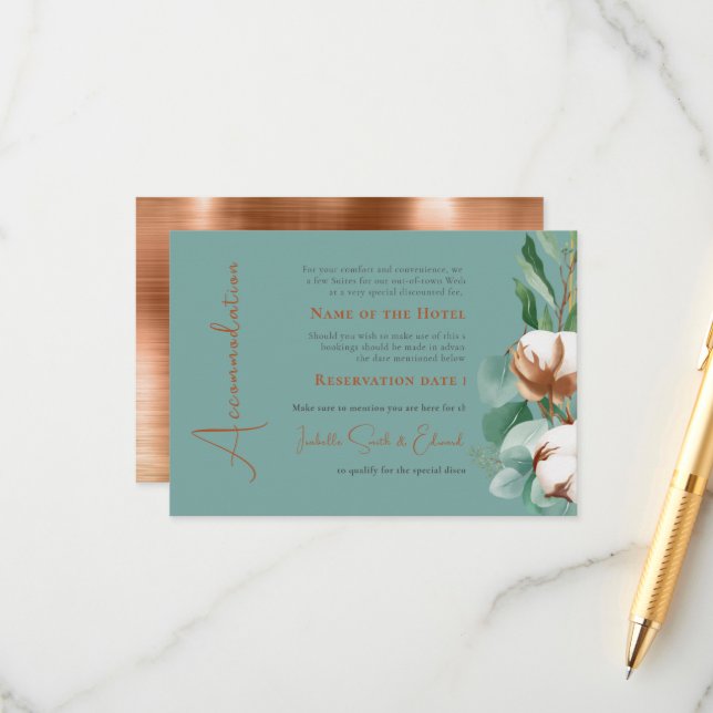 Chic White Cotton Floral Aquamarin Guest Accommoda Begleitkarte (Vorderseite/Rückseite Beispiel)