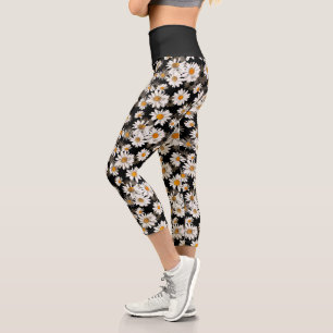 Chic White Daisies auf Schwarz-Floral Muster Capri Leggings