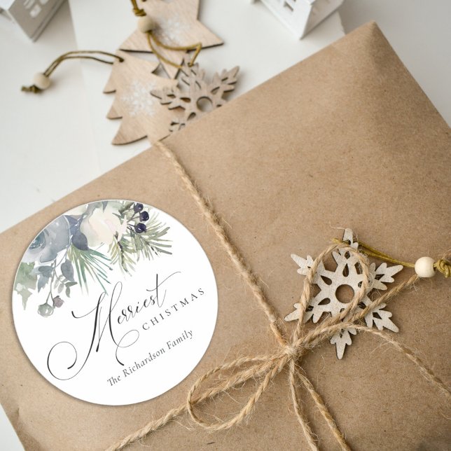 Chic White Dusky Green Merriest Weihnachtsfolien Runder Aufkleber (Von Creator hochgeladen)