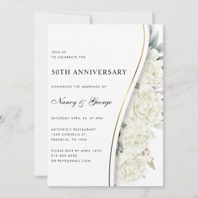 Chic White Floral Foliage 50. Hochzeitstag Einladung (Vorderseite)