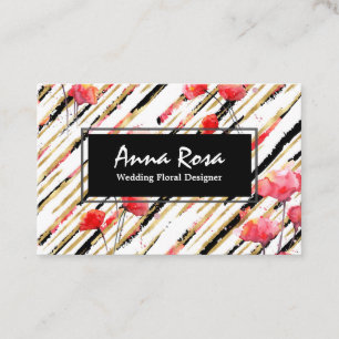*~* Chic White Floral Red Poppe Glitzer Foil Black Visitenkarte