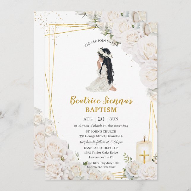 Chic White Floral Taufen Christening Praying Girl Einladung