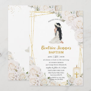 Chic White Floral Taufen Christening Praying Girl Einladung