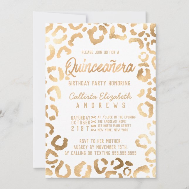Chic White Gold Cheetah Leopard Quinceañera Einladung (Vorderseite)