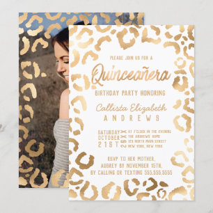 Chic White Gold Cheetah Leopard Quinceañera Foto Einladung