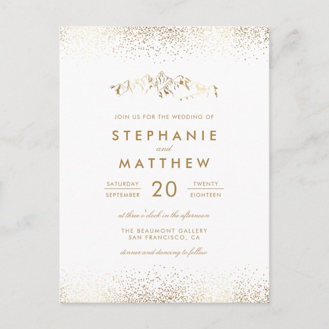 Chic White & Gold Foil Confetti Hochzeit Einladungspostkarte (Vorderseite)