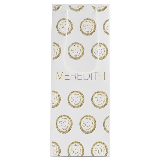 Chic White Gold Fünfzig und fabelhaft 50. Geburtst Geschenktüte Für Weinflaschen (Vorderseite)