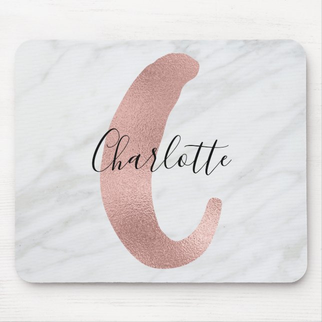 Chic White & Gray Marble Rose Gold C Monogram Name Mousepad (Vorne)