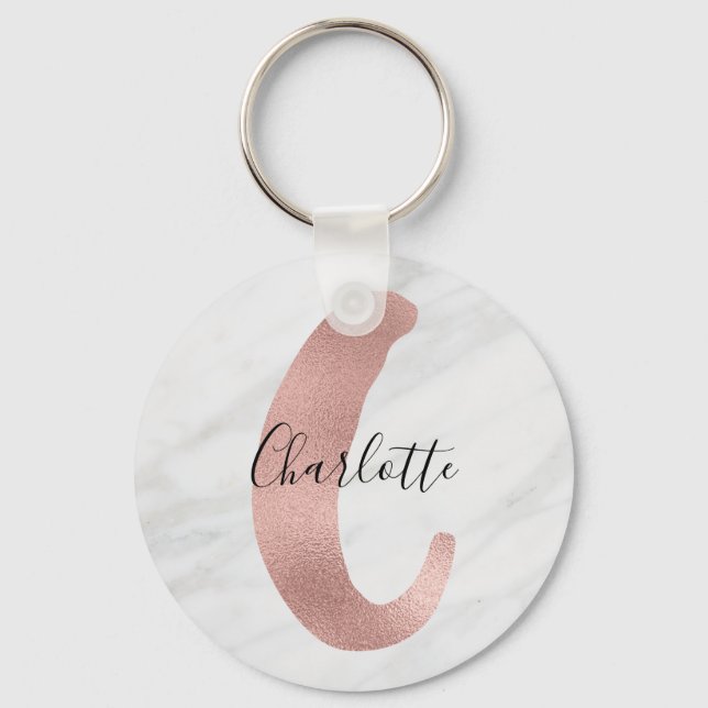 Chic White & Gray Marble Rose Gold C Monogram Name Schlüsselanhänger (Vorderseite)