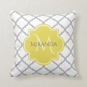Chic White Gray Quatrefolie Gelber Mit Monogramm N Kissen