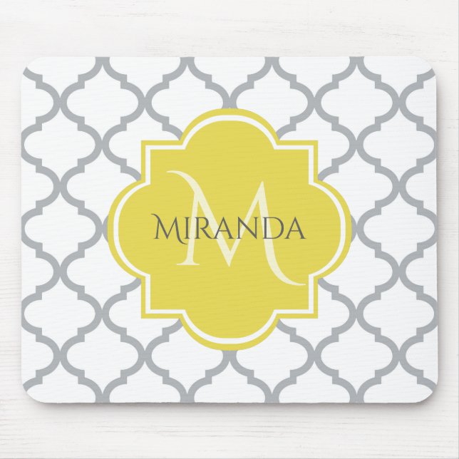 Chic White Gray Quatrefolie Gelber Mit Monogramm N Mousepad (Vorne)