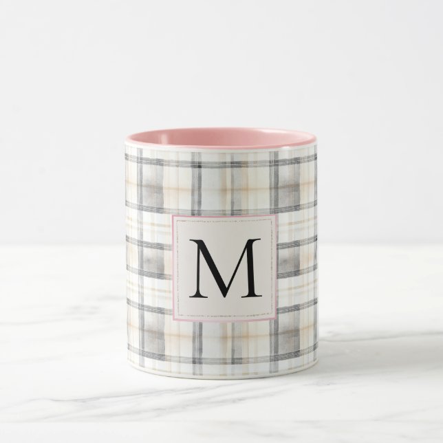 Chic White Grey Plaid Stripes Monogram Tasse (Zentrum)