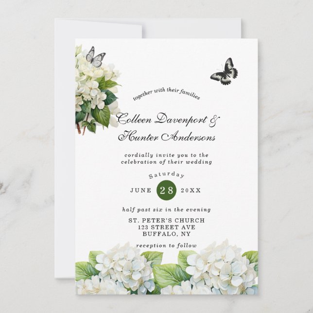 Chic White Hydrangea Butterfly Wedding Einladung (Vorderseite)
