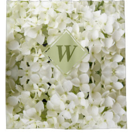 Chic White Hydrangea Sage Green Monogram Duschvorhang