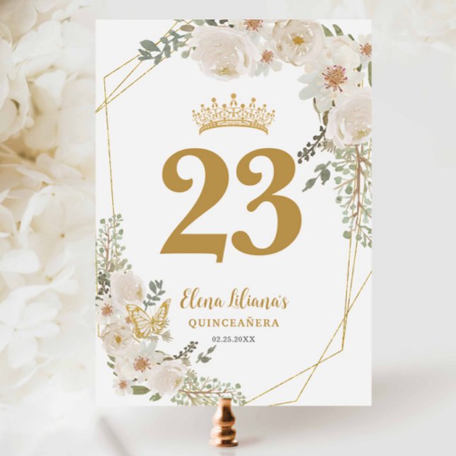 Chic White Ivory Floral Quinceanera Table Number Einladung (Von Creator hochgeladen)