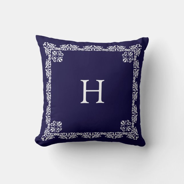 Chic White Lace Vector & Monogram on Navy Blue Kissen (Vorderseite)
