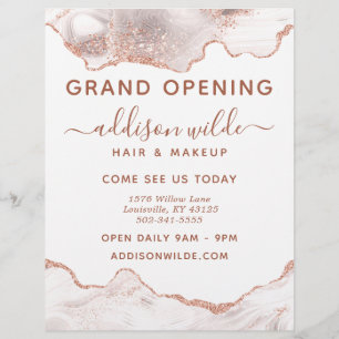 Chic White Marble Agate Rose Gold Glitzer Business Flyer