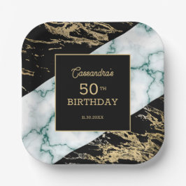 Chic White Marble Gold Foil Paint Texture Birthday Pappteller