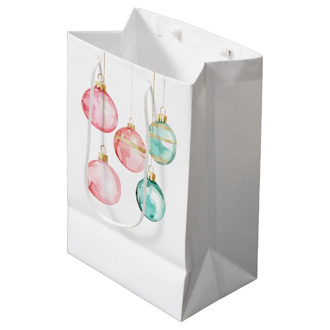 Chic White Mint Pink Gold Weihnachtsschmuck Mittlere Geschenktüte (Vorderseite Schrägansicht)