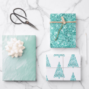 Chic White Mint Weihnachtsbaumen Glitzer Geschenkpapier Set