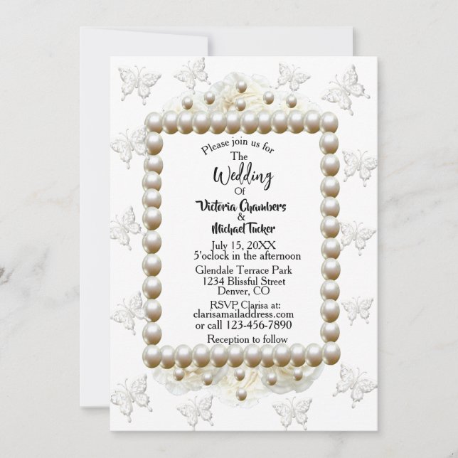 Chic White Pearl Butterfly Wedding Einladung (Vorderseite)