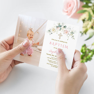 Chic White Pink Floral Gold Girl Foto Taufe Einladung