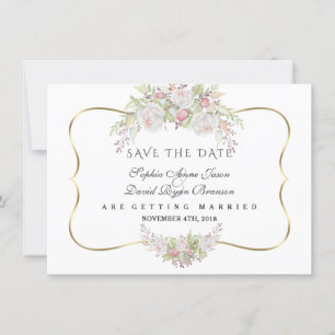 Chic White Pink Roses Navy Blue Gold Hochzeit Save The Date