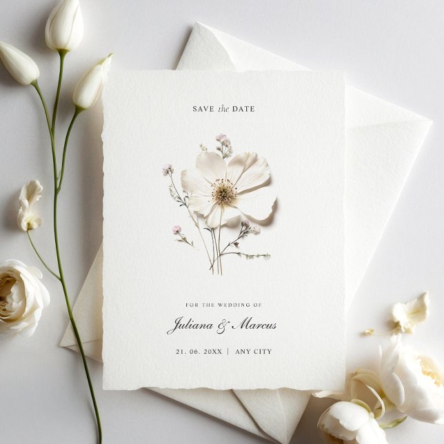 Chic White Pressed Blume Save The Date (Von Creator hochgeladen)