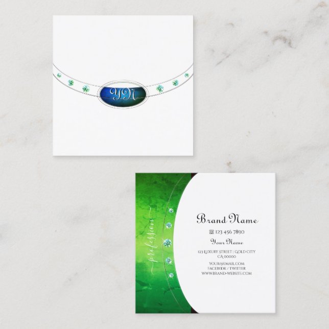 Chic White Rose Gold Green Marble Jewels Monogram Quadratische Visitenkarte (Vorne/Hinten)