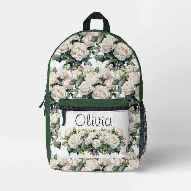 Chic White Roses Bedruckter Rucksack (Vorderseite)